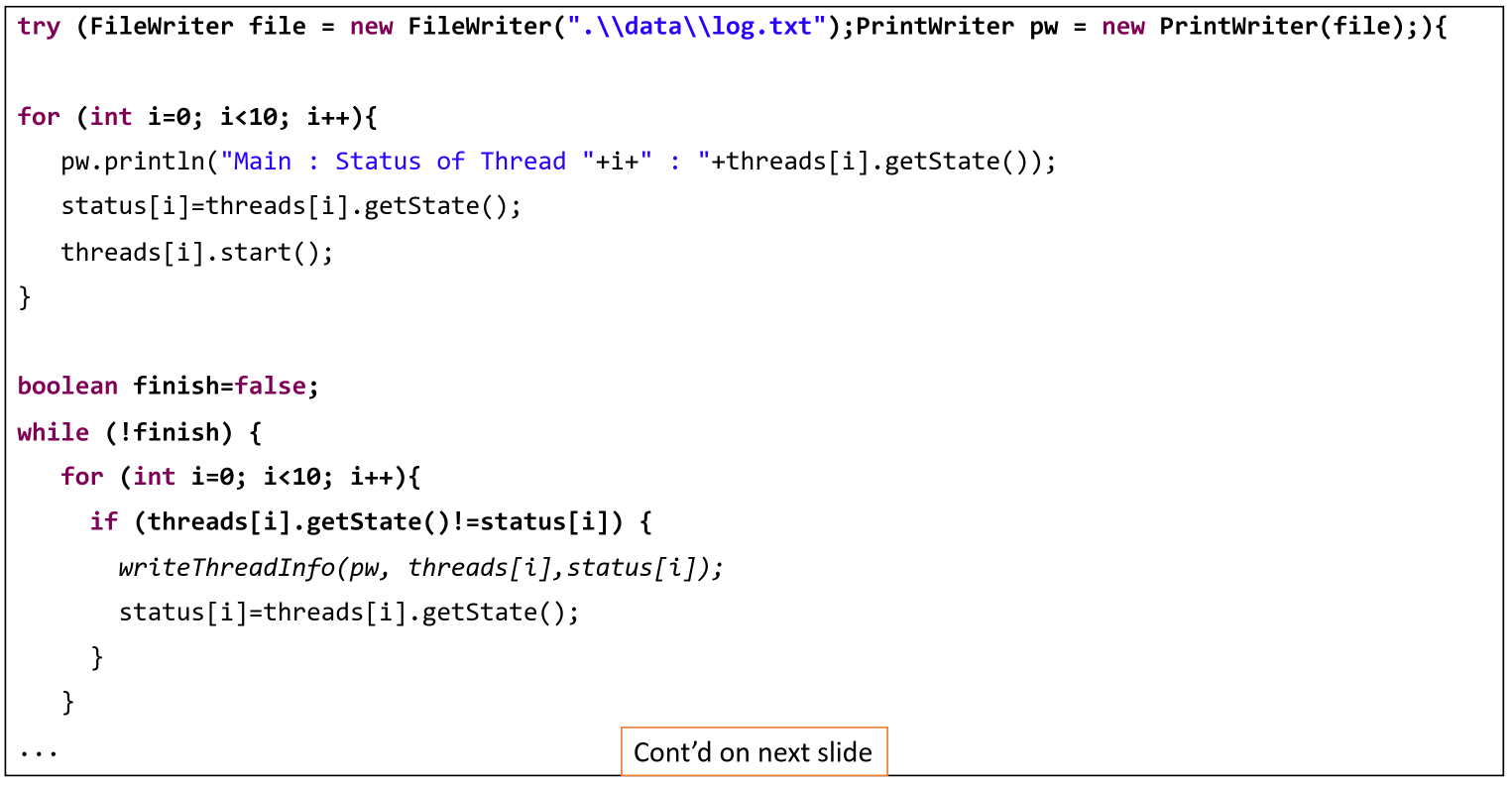Java code example for thread states and priorities (Part 2)