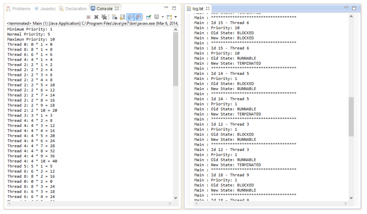 Example output showing thread states and completion order