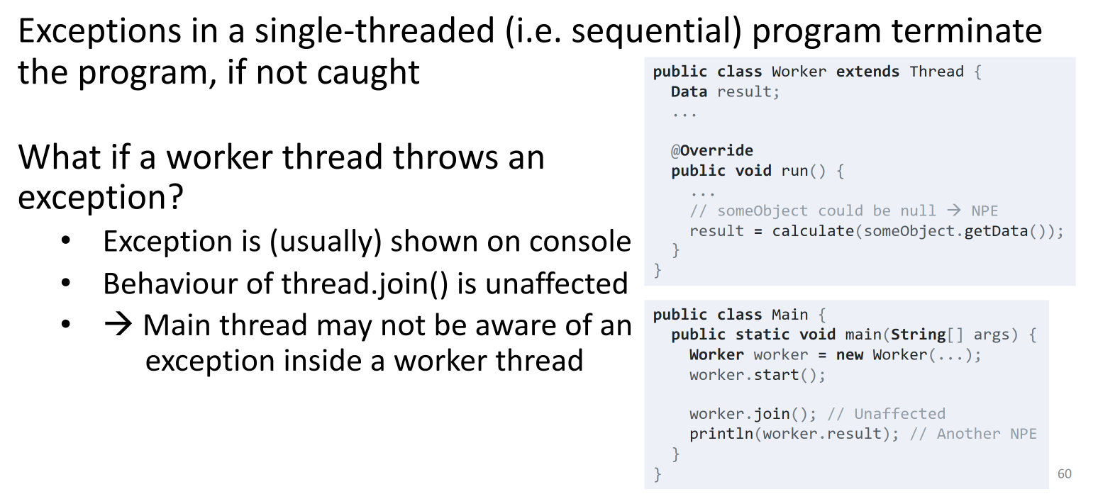 Code example showing an exception in a worker thread and its effect on join()